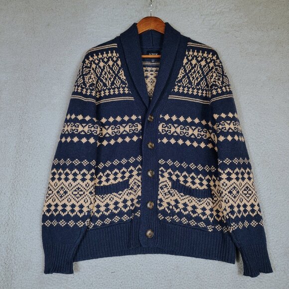 J.Crew Other - J.Crew Cardigan Sweater Mens Large Navy Beaige Fair Isle Wool Blend Button Front
